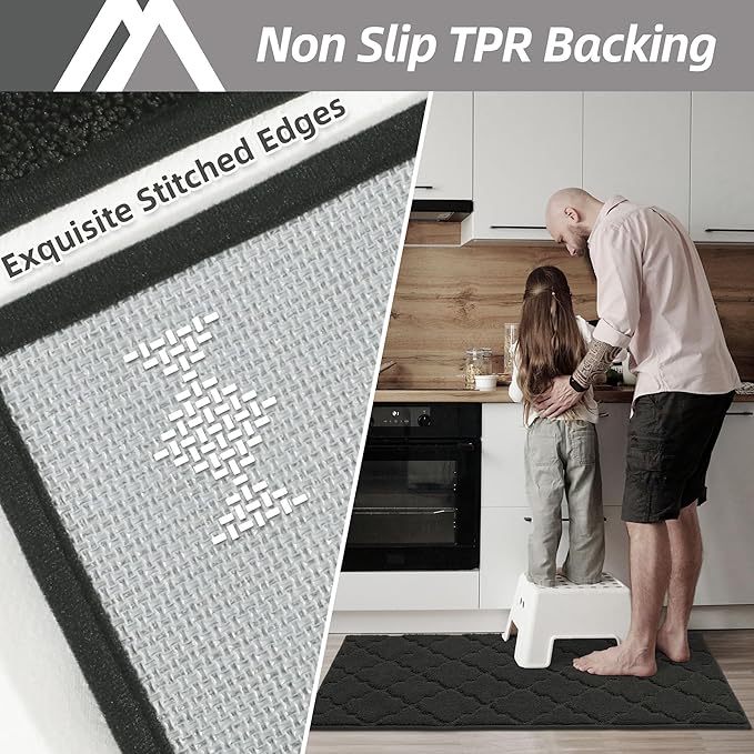 COSY HOMEER Soft Kitchen Floor Mats for in Front of Sink Super Absorbent Kitchen Rugs and Mats 20"x79" Non-Skid Kitchen Mat Standing Mat Washable,Polyester,Black