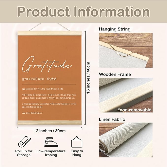 TLESKE Orange Gratitude Definition Thanksgiving Poster Hanger Frame, Fall Autumn Decorations Hanging Wall Art Room Decor Framed for Living Room Bedroom, Appreciation Thanks Prints Pictures, 12x16