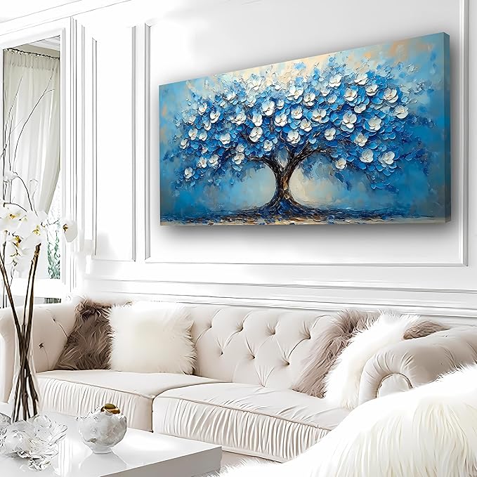 Abstract Wall Art Canvas Print Tree of Life Painting Blue Bathroom Decor Paintings Modern Style Living Room Bedroom Office Home Kitchen Decor Nature Landscape Artwork Wooden Frame 20x40 inches