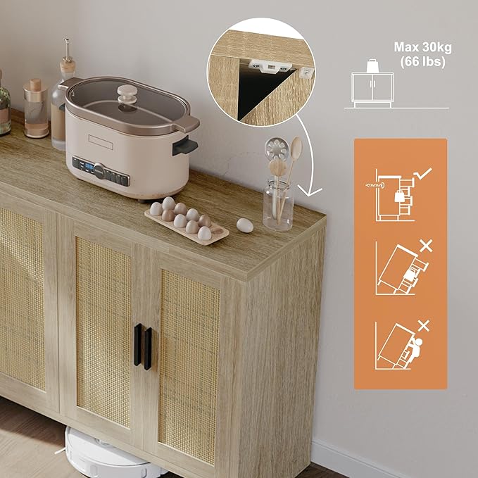 Rattan Buffet Cabinet with Storage, Sideboard with Doors, TV Stand, Farmhouse Side Board Coffee Bar, Modern Wood Storage Cabinets for Livingroom, Kitchen and Dining Room (Oak)