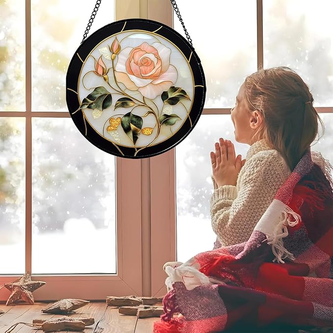 Stained Glass Window Hanging - Black White Pink Rose Sun Catcher for Door Home Decor Flower Suncatcher Christmas Mother's Day Birthday Gifts for Women Men Lovers Mom Nana 7.8 in