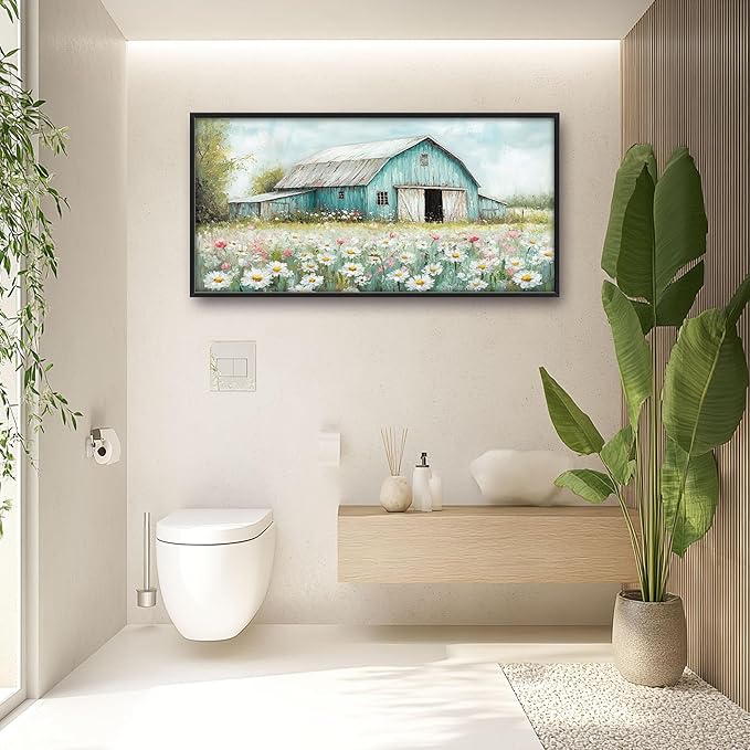 Farm Barn Large Wall Art for Living Room Framed, Farmhouse Wall Decor Pictures, Teal Barn Canvas Print Painting, Aesthetic Artwork Bedroom Office Home Decor 60"x30"