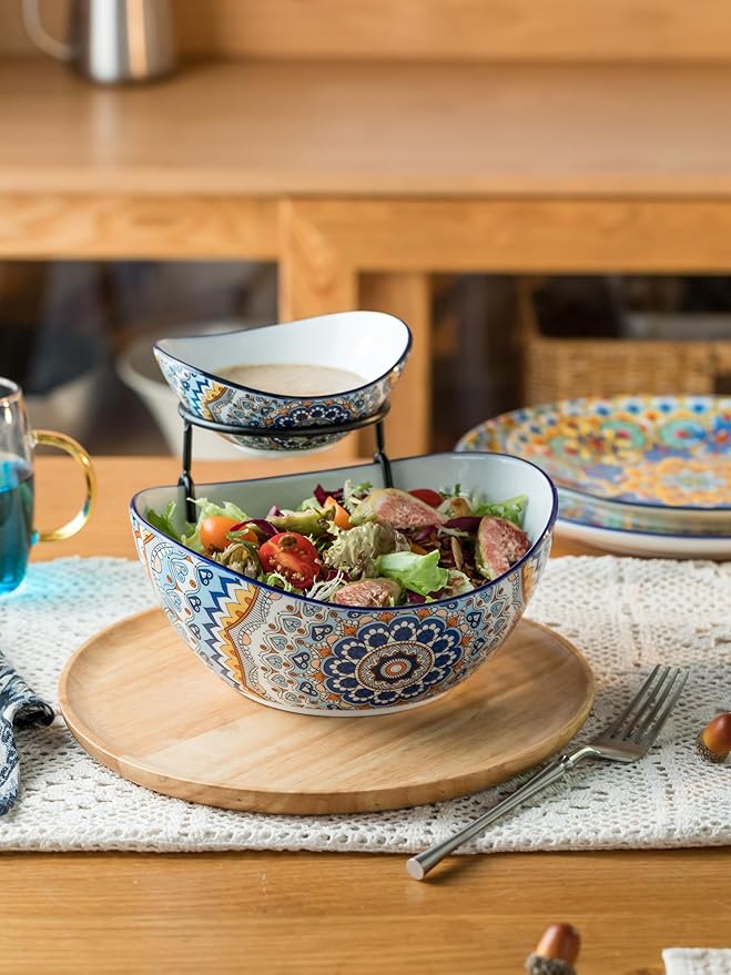 YHOSSEUN Chip and Dip Serving Set, 2 Tierd Serving Bowl Set Ceramic Chip and Dip Bowls with Stand, Serving Dishes for Entertaining Appetizer Serving Food Display Stand for Parties