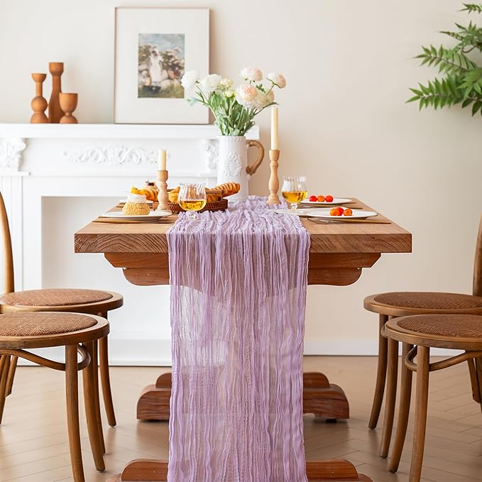 FEXIA 4 Pack Lilac Table Runner 35x120 Inches for Baby Shower Decoration Gauze Rustic Table Runner for Wedding Party First Communion Centerpiece Engagement Bridal Shower Boho Decoration