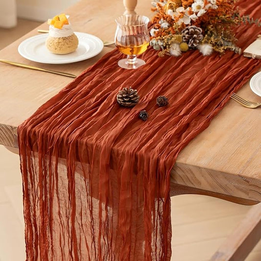 FEXIA Terracotta Cheesecloth Table Runner 35x120 Inches Orange Red Rust Boho Gauze Christmas Table Runners Burnt for Wedding Decor Reception Bridal Shower Centerpiece