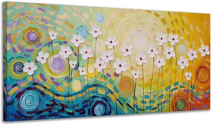 Yihui Arts White Flower Canvas Wall Art Hand Painted 3D Colorful Oil Painting Modern Aestheric Pictures for Living Room Bedroom Dinning Decoration