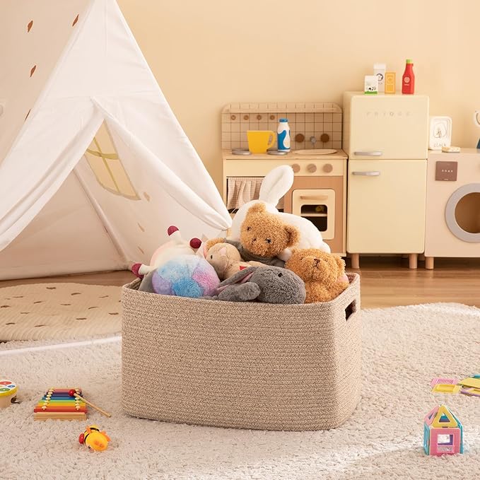 OIAHOMY Cotton Rope Basket, Rectangle Woven Nursery Blanket Basket, Toy Storage Basket with Handle, Baskets for Organizing, 18”x14”x12”, Brown variegated