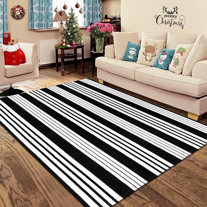 OJIA Outdoor Rug 5'x7' Patio Rug, Machine Washable Black and White Outdoor Rug Cotton Woven Area Rug Living Room Rug Farmhouse Indoor Carpet for Front Door/Porch/Deck/Backyard/Bedroom