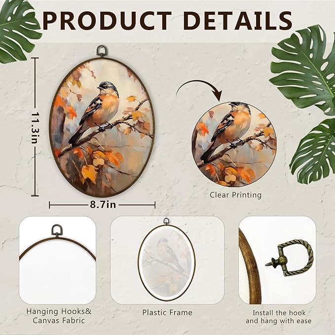 Gnmduw Vintage Fall Bird Oval Wall Art Framed, Rustic Fall Bird Canvas Prints Hanging Decor, Retro Farmhouse Country Sparrow Maple Leaf Wall Decor for Living Room Bedroom Bathroom, 8.7x11.3 In