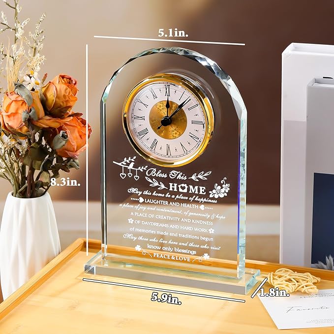 YWHL House Warming Gifts New Home Crystal Glass Clock Housewarming Gifts for Women Men Best Housewarming Gift Ideas Home for Couple Presents House Blessing Warming Gifts New Apartment