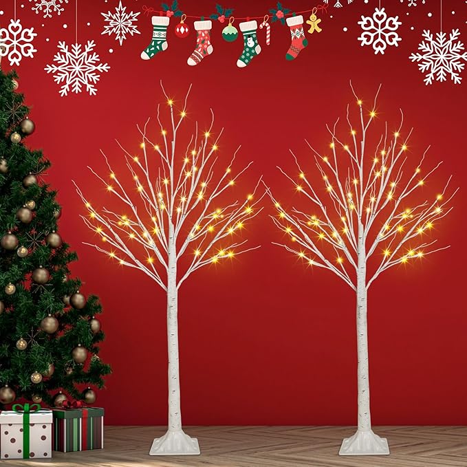 2-Pack 4FT Lighted Birch Tree (Higher Size & Floor Standing), Birch Christmas Tree for Indoor & Outdoor, Warm White 96 LED Birch Tree Lights for Outdoor Christmas Decorations Indoor Home Thanksgiving