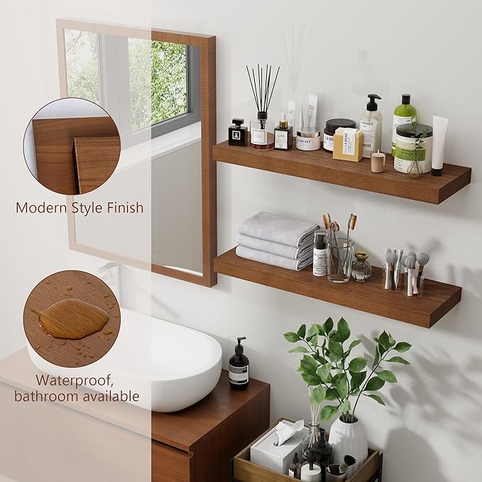 24 Inch Floating Shelves Set of 2, Rustic Solid Wood Wall Mounted Shelves for Decor & Storage, Dark Walnut Shelves for Bedroom Kitchen Living Room - Dark Walnut