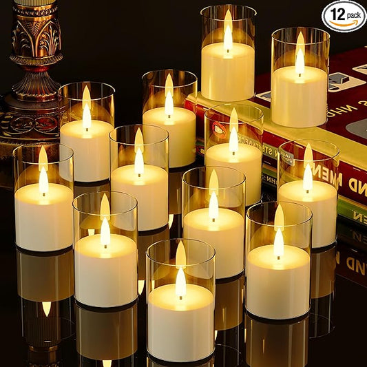 12Pack Flickering Flameless LED Candles with Timer, Battery Powered - Small Pillar & Votive, Clear (2"X3")