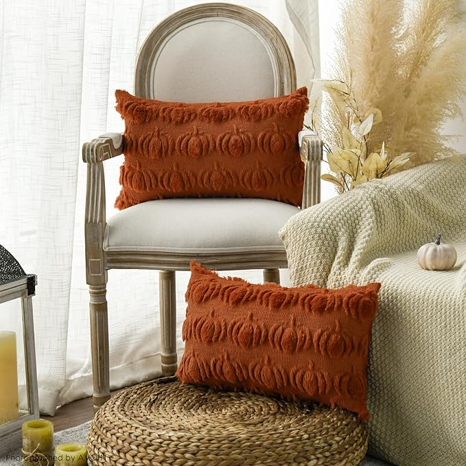 AVOIN colorlife Fall Pumpkin Caramel Throw Pillow Covers, 12 x 20 Inch Seasonal Autumn Thanksgiving Harvest Decoration Soft Plush Faux Fur Jacquard Cushion Case Decoration for Sofa Couch Set of 2
