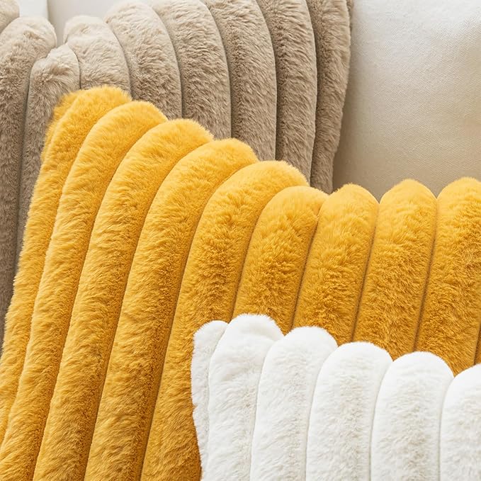 MIULEE Faux Fur Lumbar Decorative Throw Pillow Covers 12x20 Inch Set of 2, Retro Vintage Boho Home Decor Soft Plush Couch Pillows Cozy Fluffy Cushion Covers for Sofa Bed Mustard Yellow