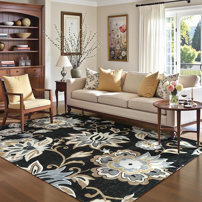 Lahome Floral Black 4x6 Washable Non-Slip Ultra-Thin Soft Accent Stain Resistant Indoor Area Rug - Paisley Print, Carpet for Bedroom, Living Room, Entryway, Kitchen, Laundry