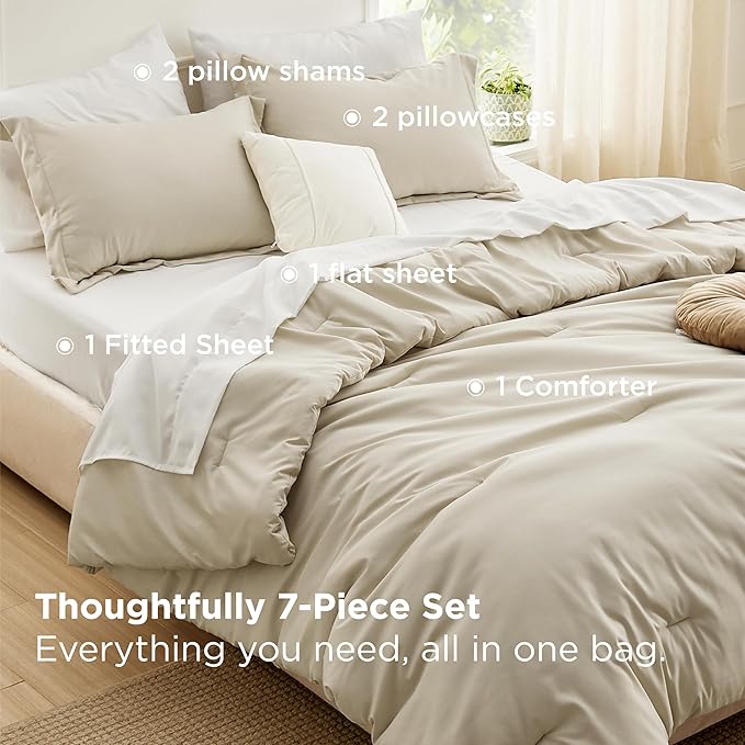 Bedsure Queen Comforter Set - 7 Pieces Beige Queen Bedding Set for All Seasons, Boho Contrasting Design Bed in a Bag with Comforter, Sheets, Pillowcases & Shams