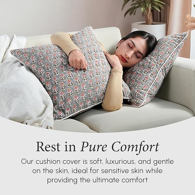 CPC 100% Cotton Throw Pillow Covers 18x18 Inch, Set of 2 Gray Block Print Pattern Couch Pillow, Cute Boho Decorative Pillows for Living Room, Bedroom with Hidden Zipper- Labra Gray