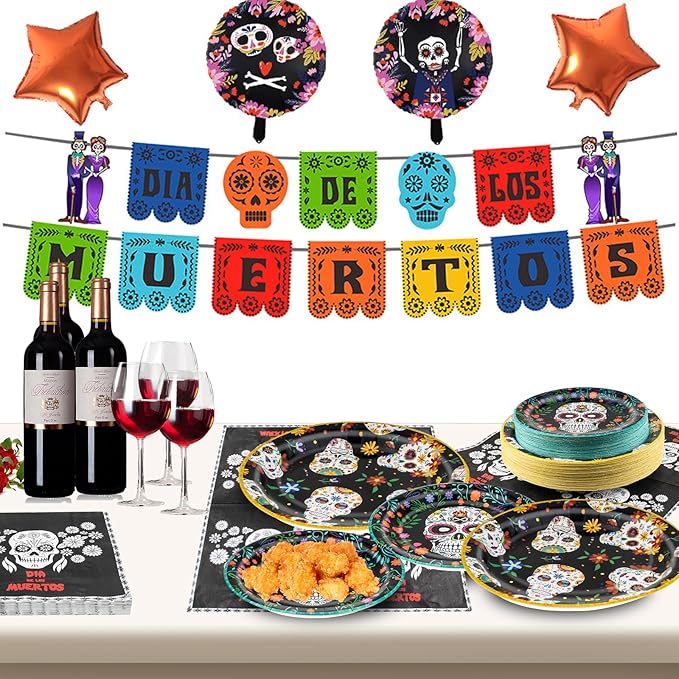 180Pcs Day of the Dead Party Supplies Paper Plates and Napkins Serve 60 Disposable Tableware Set for Birthday Party Decorations Game Day Family School Holiday Sports Events