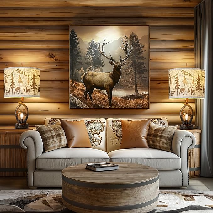 Farmhouse Deer Antler Table Lamp Set of 2 For Living Room with USB Ports, Rustic Bedside Lamp with Nightlight For Bedroom, linen Fabric Shade Vintage Nightstand Lamps For Hotel Bar Country House