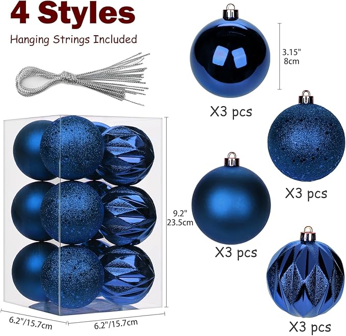 12PCS 3.15" Christmas Ball Ornaments Shatterproof Navy Blue Christmas Tree Decorations Xmas Tree Balls Halloween Ornaments Décor