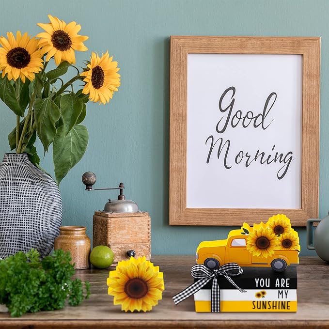 Yookeer 5 Pieces Farmhouse Tiered Tray Decor Items Rustic Wooden Mini Truck Bundle Books Stack Sign for Summer Spring Home Harvest Table Shelf Decorations(Sunflower Style)