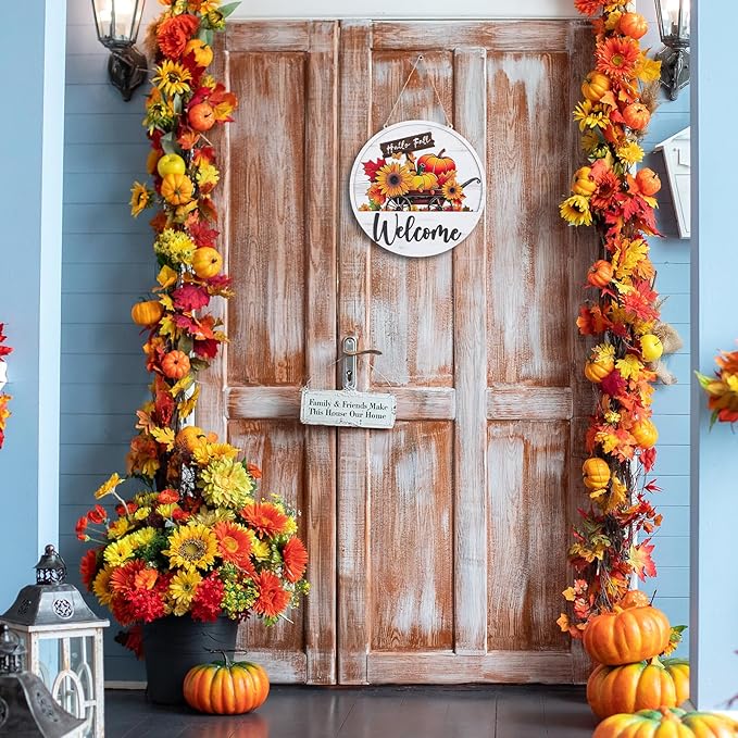 Welcome Sign for Front Door: 13pcs Interchangeable Fall Decor - Housewarming Gifts for New Home Seasonal Wreaths Outdoor Holiday All Season Decorations