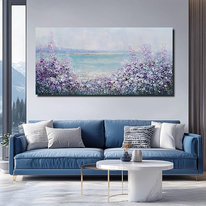 Flowers Framed Canvas Wall Decor Purple and White Painting Ocean Wall Art for Office Contemporary Art Poster for Bedroom Decor 24x48 Inch