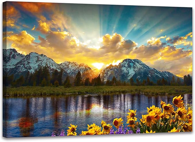 SKASNFAI Grand Teton National Park Wall Art Sunflower Landscape Canvas Mountain Artwork Landscape Print for Living Room Framed (16x24 inch)