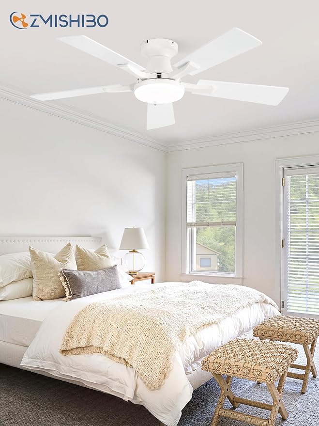 ZMISHIBO 42 Inch Ceiling Fan with Light, App&Remote Control, Flush Mount Low Profile, Dimmable 20W LED Light, Quiet Reversible Motor for Bedroom, Living Room, Apartment, White