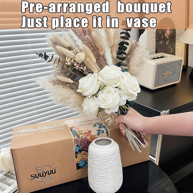 100pcs Artificial Flowers Arrangement With Ceramic Vase Included, Fake Flowers in Vase, Table Centerpiece Decorations, Boho Natural Dried Pampas Grass, Dining Table, Coffee Table, Living Room Decor