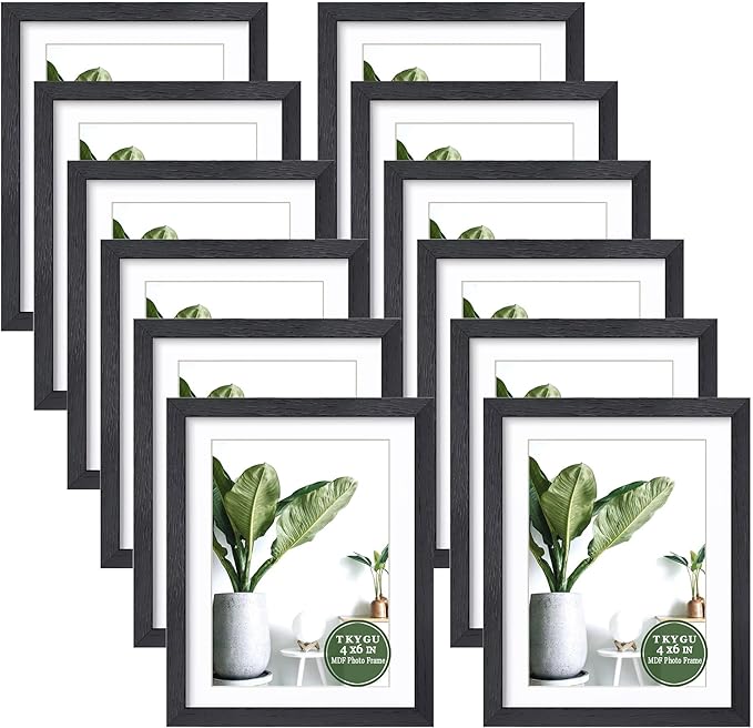 Picture Frame 4x6 with mat 3.5x5 Modern Style Wood Composite Frames set of 12-black textured frame with Tempered glass Table or wall mounted display picture frame for home decor