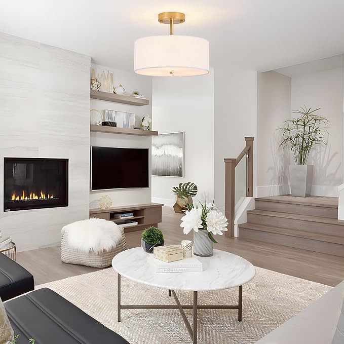 3-Light Semi Flush Mount Ceiling Light Modern Gold Drum Light Fixtures with White Fabric Cover Shade Round Chandelier for Bedroom Living Room Kitchen and Hallway