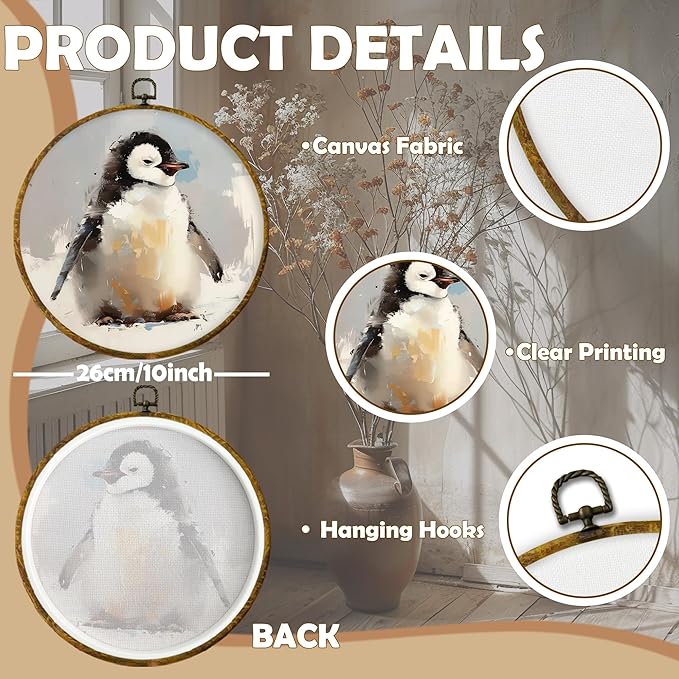 CUANFDDSF Christmas Winter Penguin Round Wall Art Decor, Rustic Winter Penguin Wall Hanging Frame Decor, Farmhouse Christmas Animal Canvas Prints Decorations for Home Bedroom Living Room, 10x10 Inch