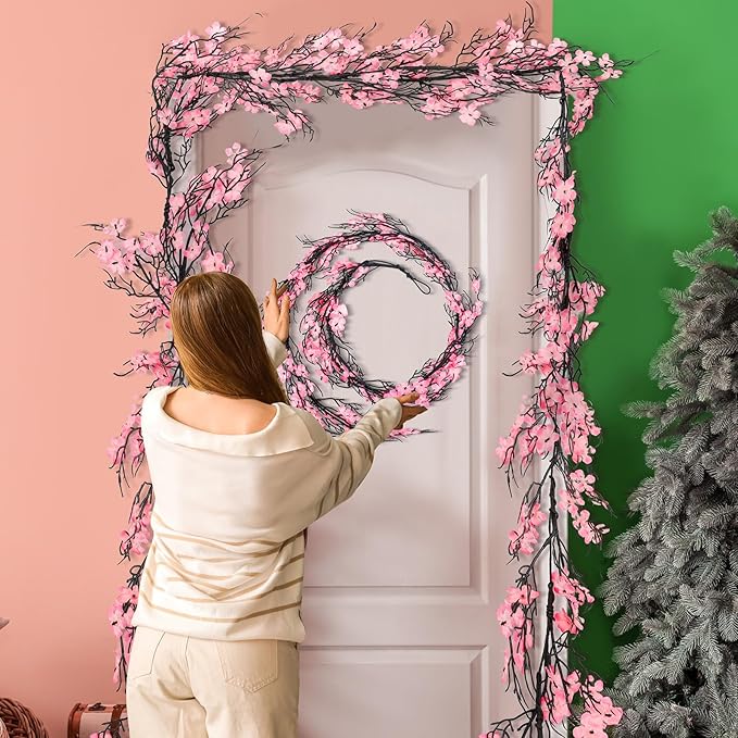 Zeyune 1 Pcs 6ft Long Christmas Witch and Princess Artificial Garland Pink and Green Peach Blossom with Dead Branches Garlands Decor for Front Door Kitchen Fireplace Home Indoor Outdoor