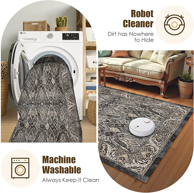 Washable Area Rug 4' x 6' Vintage Traditional Persian Mat - Foldable Distressed Non-Slip Machine Washable Carpet for Living Room Bedroom Kitchen Home Decor - Ebony and Taupe