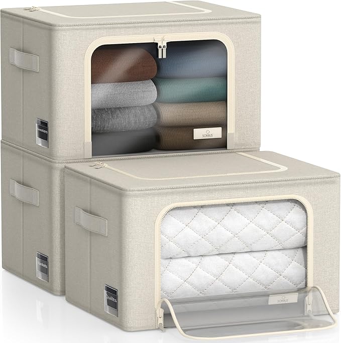 Sorbus Storage Bins with Metal Frame - Stackable & Foldable Clothes Organizer Bags - Oxford Fabric Storage Containers with Large Clear Window & Carry Handles Organization for Bedding Linen & Clothing