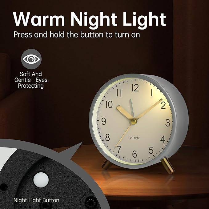 Analog Alarm Clock, 4 inch Super Silent Non Ticking Small Clock with Night Light, Battery Operated, Simple Design, easy setting for Office, Bedroom, Bedside, Desk, teens, elders, kids, adult, White