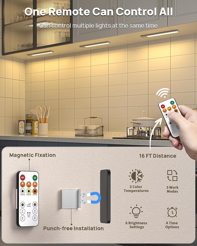 Under Cabinet Lights Wireless,12" Motion Sensor Light Indoor with Remote Control,2500mAh LED Rechargeable Battery Operated Closet Light,3 Color Temps,Under Counter Lights for Kitchen,Stairs,Hallway