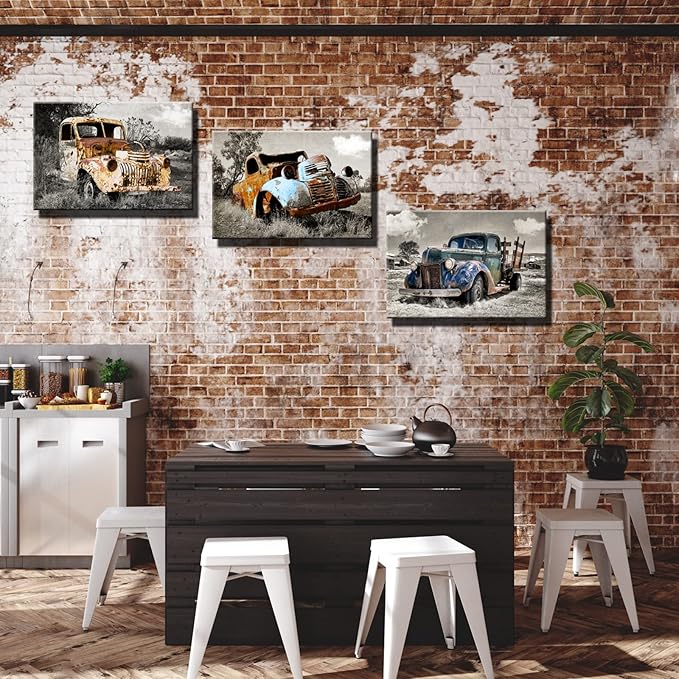 YUANAND Rusty Truck Canvas Wall Art - Vintage Blue Car Pictures Living Room Decor - Country Style Artwork Framed Posters Paintings