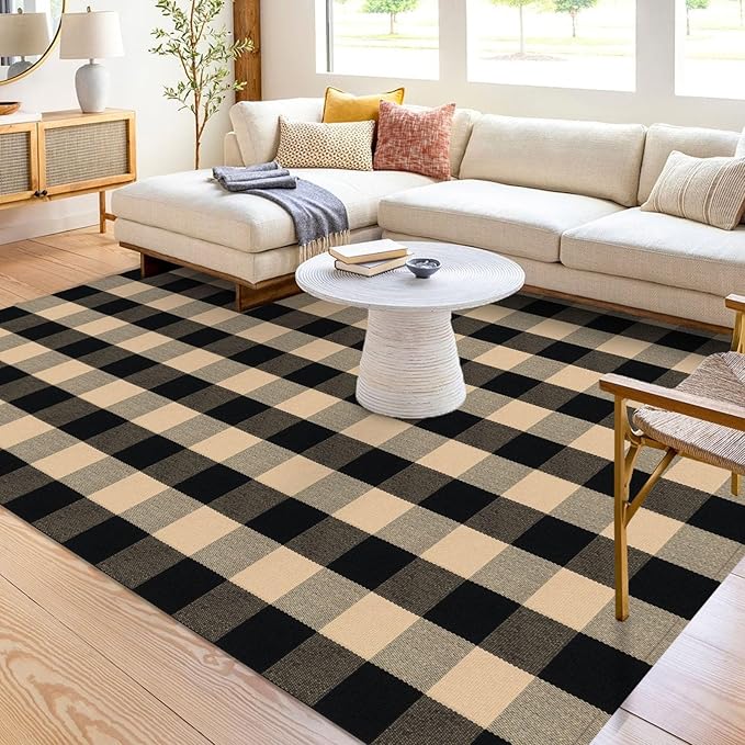 KOZYFLY Buffalo Plaid Area Rug 5 x 7 Ft Brown and Black Checkered Rug Washable Outdoor Patio Rugs Cotton Rugs for Living Room Carpet for Dining Room Bedroom Farmhouse