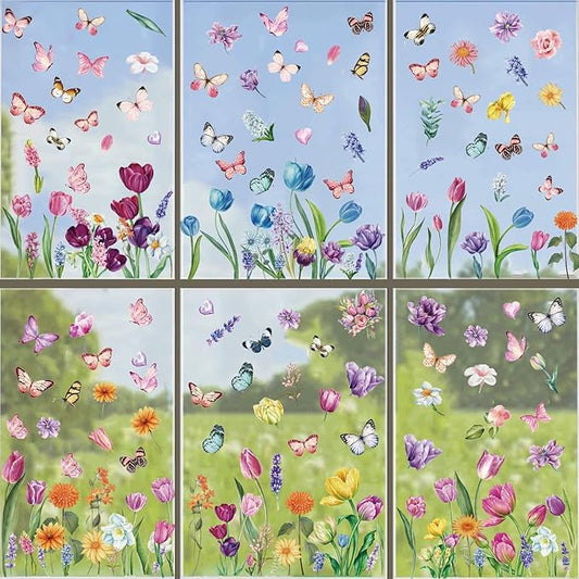 Flower Window Clings for Glass Windows Butterfly, 132pcs Fall Window Clings Summer Easter Spring Winter Decorations, 9 Sheets Floral Window Stickers Decals for Home Office Indoor Clearance