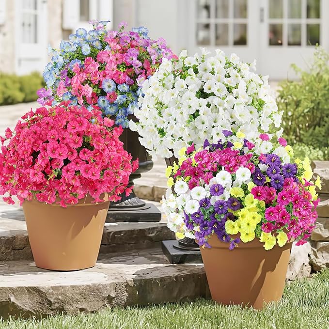 12PCS Artificial Flowers for Outdoor Decorations, Realistic Faux Silk Petunia Flowers for Outside, Fake Plants Morning Glory with Eucalyptus Porch Patio Planters Window Boxes Decor