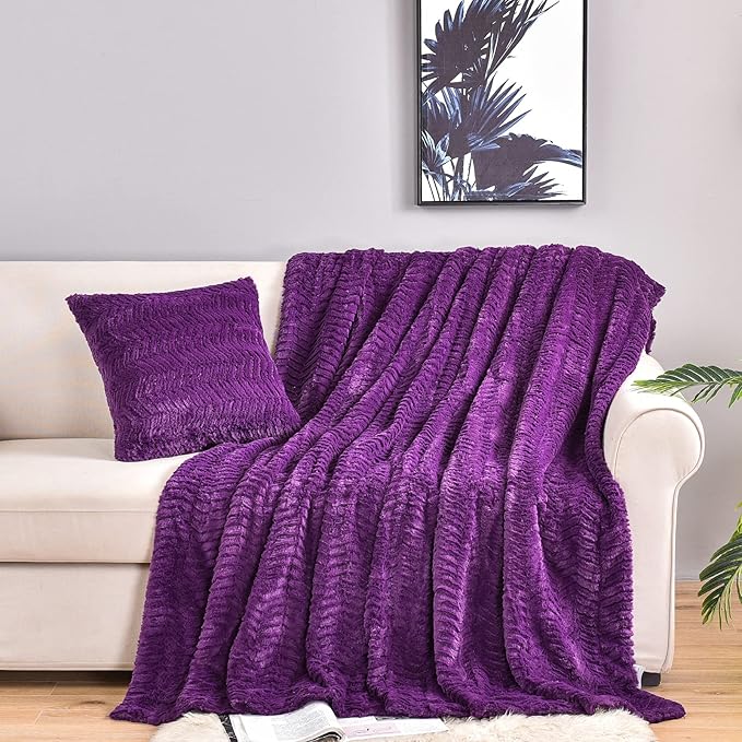 YUSOKI Luxury Faux Fur Throw Blanket(Without Pillows) 2 Layers,3lb,All Ages,Home Decoration, (Purple,50" x 63")
