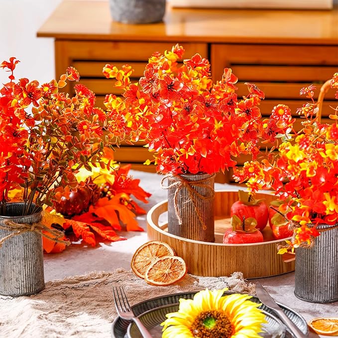 Zeyune 3 Sets Fall Thanksgiving Table Centerpiece Decoration Harvest Artificial Flower Stems Faux Fall Arrangement with Metal Pot for Autumn Rustic Farmhouse Home Kitchen Dining Indoor Decoration