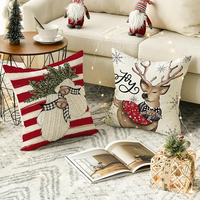 AVOIN colorlife Christmas Snowman Reindeer Gloves Eucalyptus Red Throw Pillow Covers, 18 x 18 Inch Winter Holiday Stripes Cushion Case Decoration for Sofa Couch Set of 4