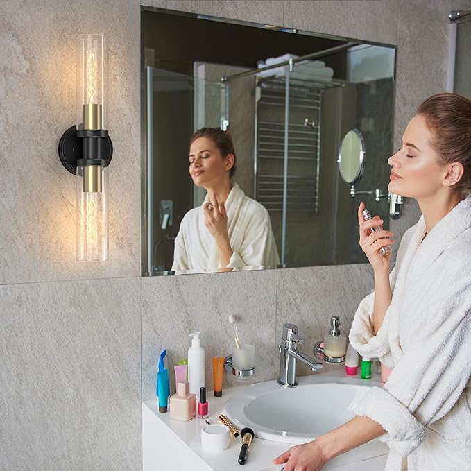 Espird Wall Sconces Set of Two Black & Gold, Bathroom Light Fixtures 2-Light,Bathroom Vanity Lights Over Mirror, Industrial Lighting, Modern Brushed Brass Vanity Lighting Fixtures