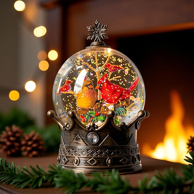 Christmas Snow Globe Lantern Water Glittering Cardinal Crown with Music, USB Lined/Battery Operated Lighted Lantern for Christmas Festival Decoration Gifts