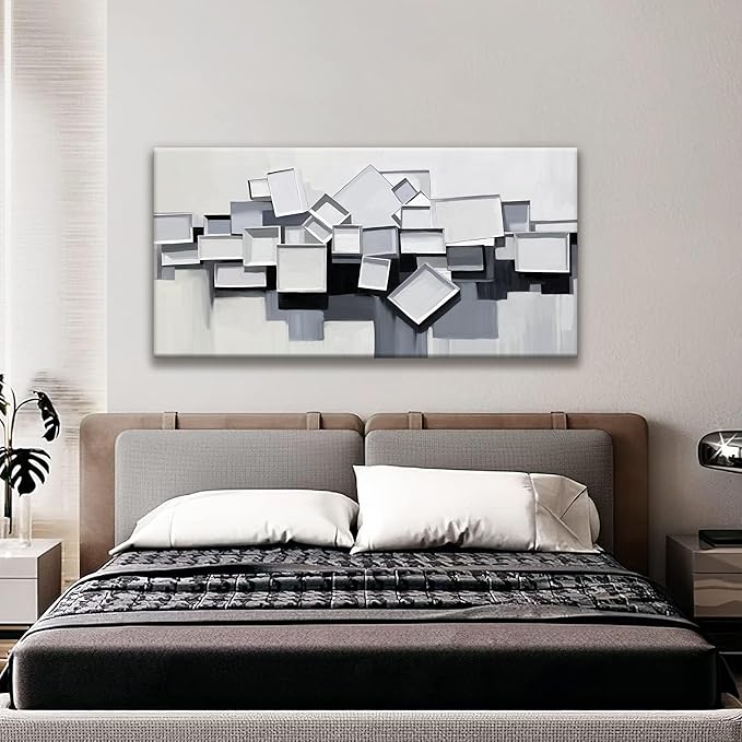 Grey And White Abstract Wall Art Minimalist Wall Art Geometric Color Block Canvas Artwork Paintings Canvas Art Wall Decor Modern Bedroom Art Office Artwork 20"X 40" Ready To Hang