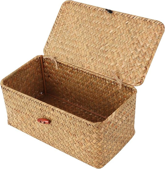 Wicker Shelf Baskets with Lid,Natural Seagrass Storage Basket Boxes Handwoven Rectangular Baskets Bins Multipurpose Home Organizer Decor (Small)